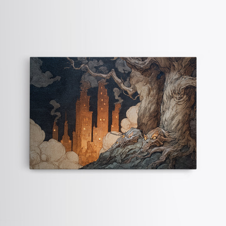The Haunted City Skyline, Gothic Storybook Art, Landscape Wall Art, Dark Fantasy Wall Art, Canvas Print, Halloween Wall Art