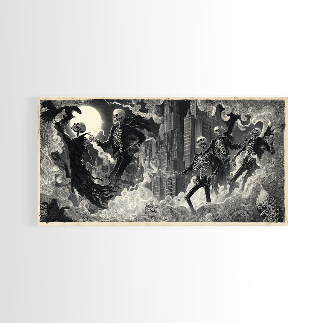The Haunted City Skyline, Macabre Folk Print Art, Wide Panoramic Art, Gothic Horror Wall Art, Canvas Print, Halloween Wall Art