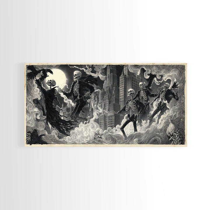 The Haunted City Skyline, Macabre Folk Print Art, Wide Panoramic Art, Gothic Horror Wall Art, Canvas Print, Halloween Wall Art
