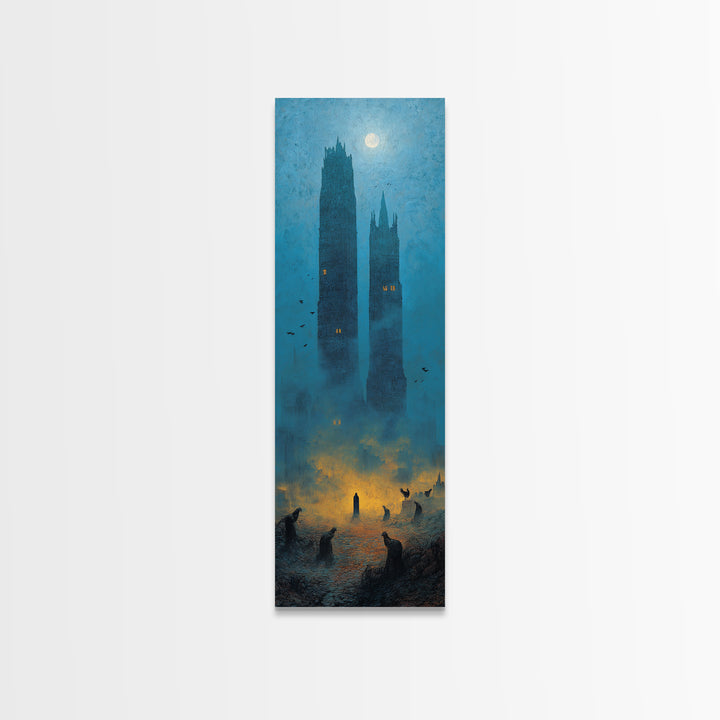 The Haunted City Skyline, Surreal Apocalyptic Art, Tall Narrow Wall Art, Dark Halloween Decor, Framed Canvas Print