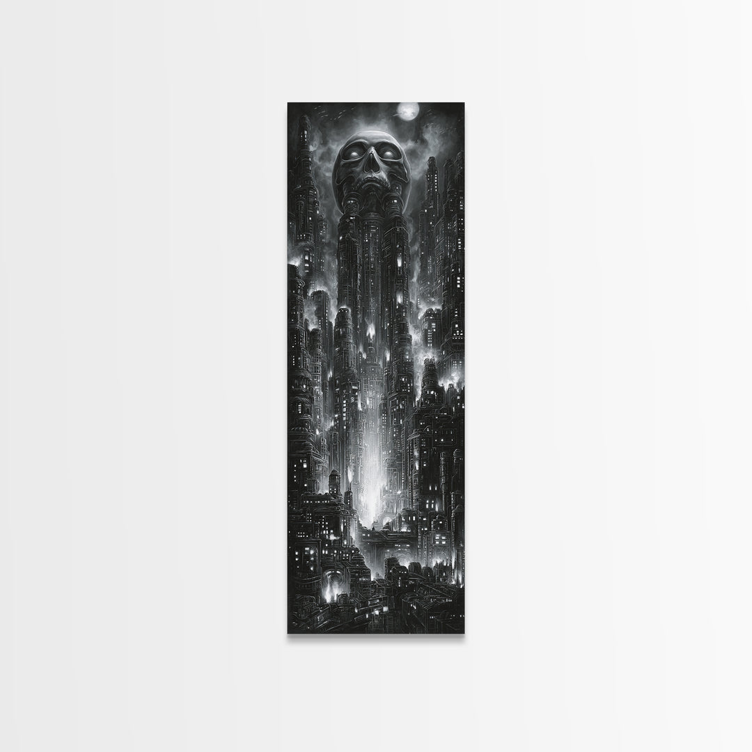 The Haunted City Skyline, Biomechanical Horror Art, Tall Narrow Wall Art, Dark Fantasy Wall Art, Canvas Print, Halloween Wall Art
