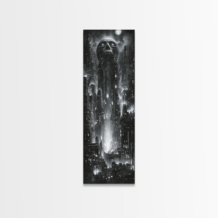 The Haunted City Skyline, Biomechanical Horror Art, Tall Narrow Wall Art, Dark Fantasy Wall Art, Canvas Print, Halloween Wall Art