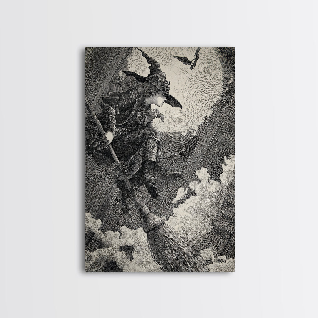 The Cyberpunk Witch, Renaissance Engraving Art, Vertical Wall Art, Dark Fantasy Wall Art, Framed Canvas Print, Halloween Wall Art