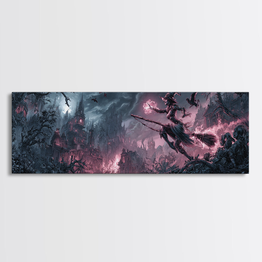 The Cyberpunk Witch, Baroque Witchcraft Art, Extra Wide Wall Art, Dark Halloween Decor, Framed Canvas Print, Halloween Wall Art