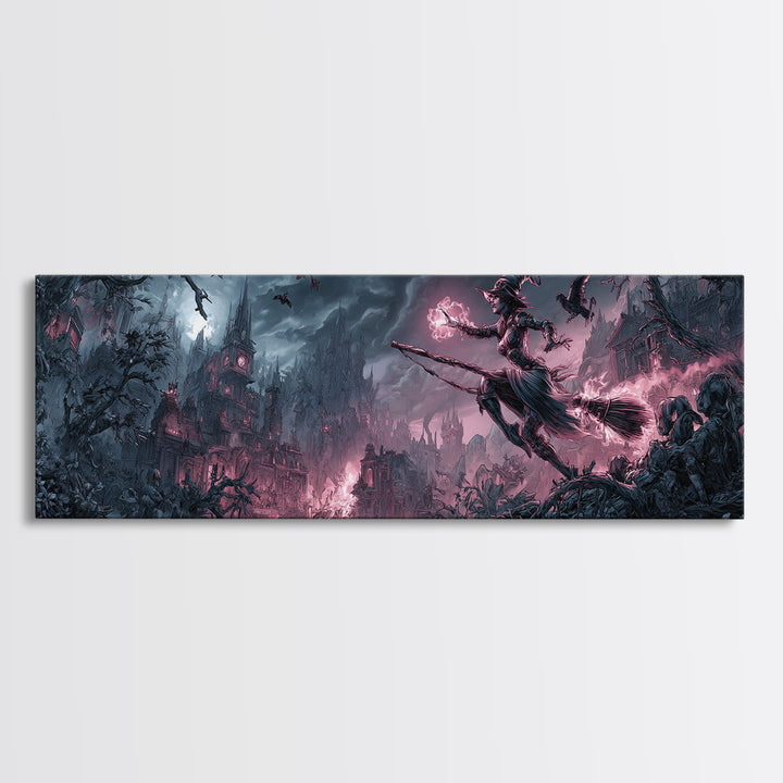 The Cyberpunk Witch, Baroque Witchcraft Art, Extra Wide Wall Art, Dark Halloween Decor, Framed Canvas Print, Halloween Wall Art
