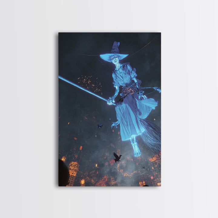 The Cyberpunk Witch, Gothic Nightmare Art, Vertical Wall Art, Dark Halloween Decor, Framed Canvas Print, Halloween Wall Art
