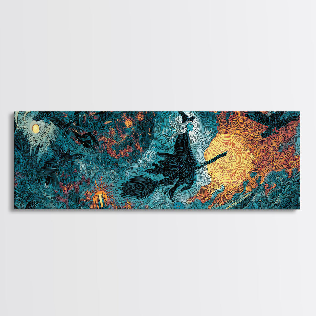 The Cyberpunk Witch, Visionary Gothic Art, Extra Wide Wall Art, Dark Fantasy Wall Art, Canvas Print, Halloween Wall Art
