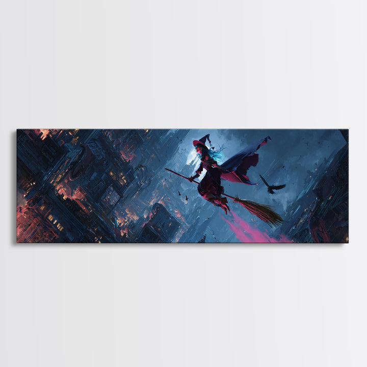 The Cyberpunk Witch, Apocalyptic Romantic Art, Extra Wide Wall Art, Dark Halloween Decor, Framed Canvas Print, Halloween Wall Art
