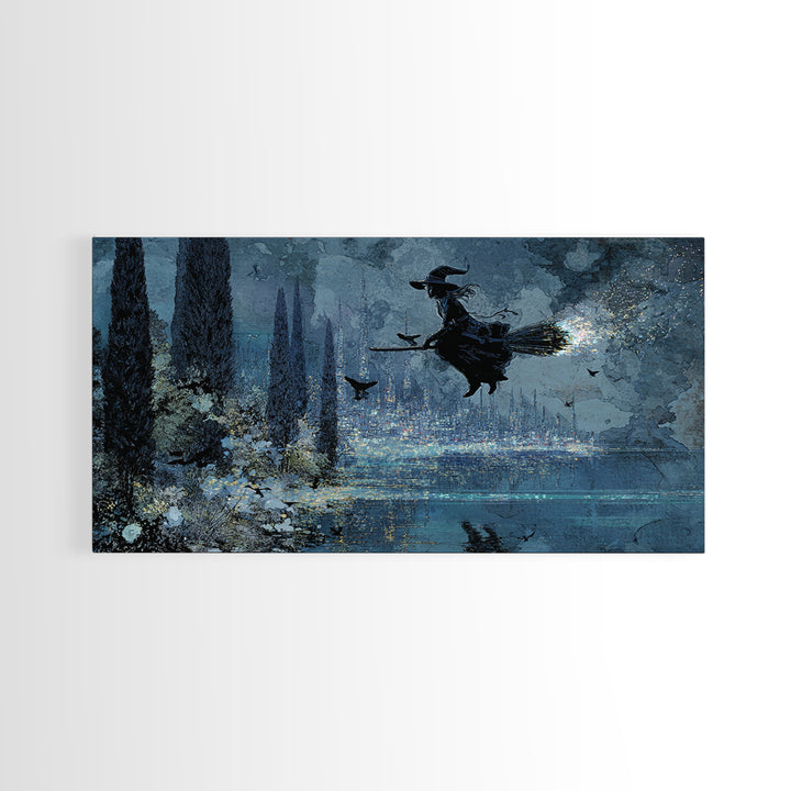 The Cyberpunk Witch, Symbolist Gothic Landscape, Wide Panoramic Art, Gothic Horror Wall Art, Framed Canvas Print, Halloween Wall Art