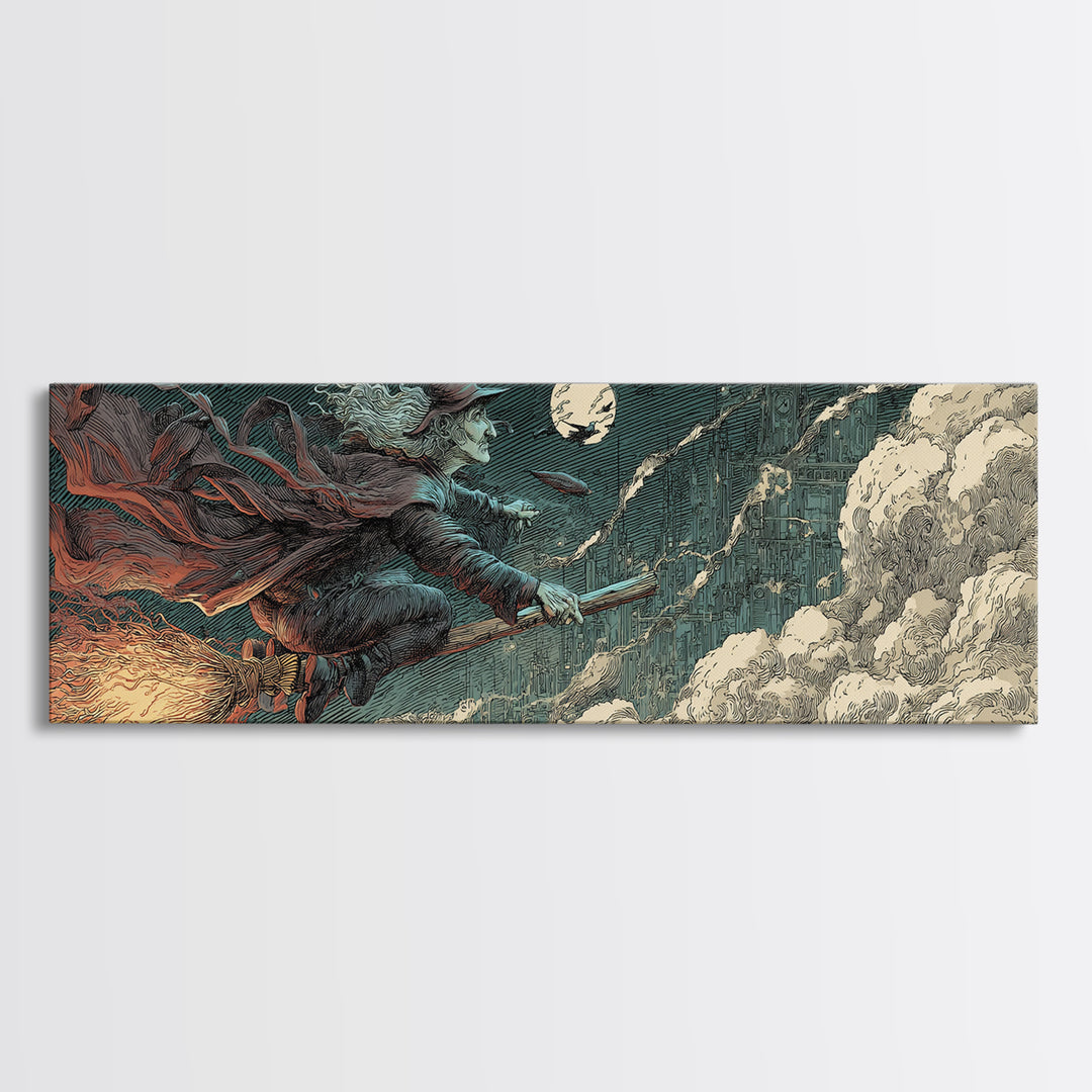 The Cyberpunk Witch, Symbolist Etching Art, Extra Wide Wall Art, Dark Halloween Decor, Canvas Print, Halloween Wall Art