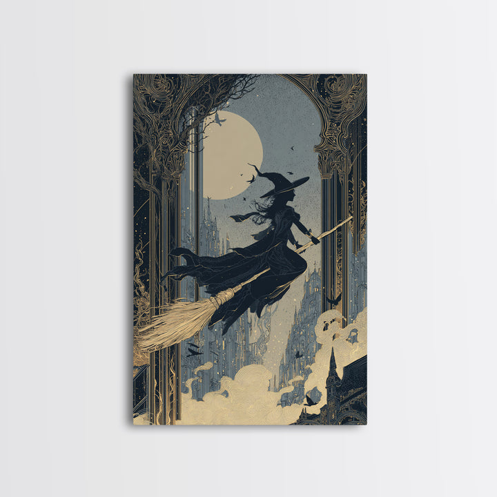 The Cyberpunk Witch, Decadent Line Art, Vertical Wall Art, Dark Fantasy Wall Art, Framed Canvas Print, Halloween Wall Art