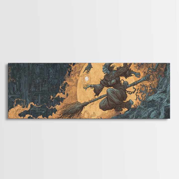 The Cyberpunk Witch, Gothic Storybook Art, Extra Wide Wall Art, Gothic Horror Wall Art, Canvas Print, Halloween Wall Art