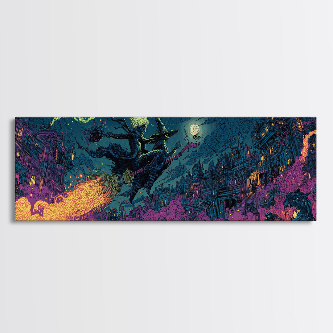 The Cyberpunk Witch, Macabre Folk Print Art, Extra Wide Wall Art, Gothic Horror Wall Art, Framed Canvas Print, Dark Fantasy Art
