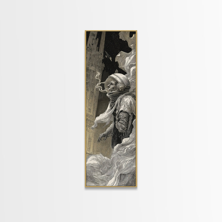 The Astronaut Ghost, Gothic Engraving Art, Tall Narrow Wall Art, Dark Halloween Decor, Framed Canvas Print, Halloween Wall Art