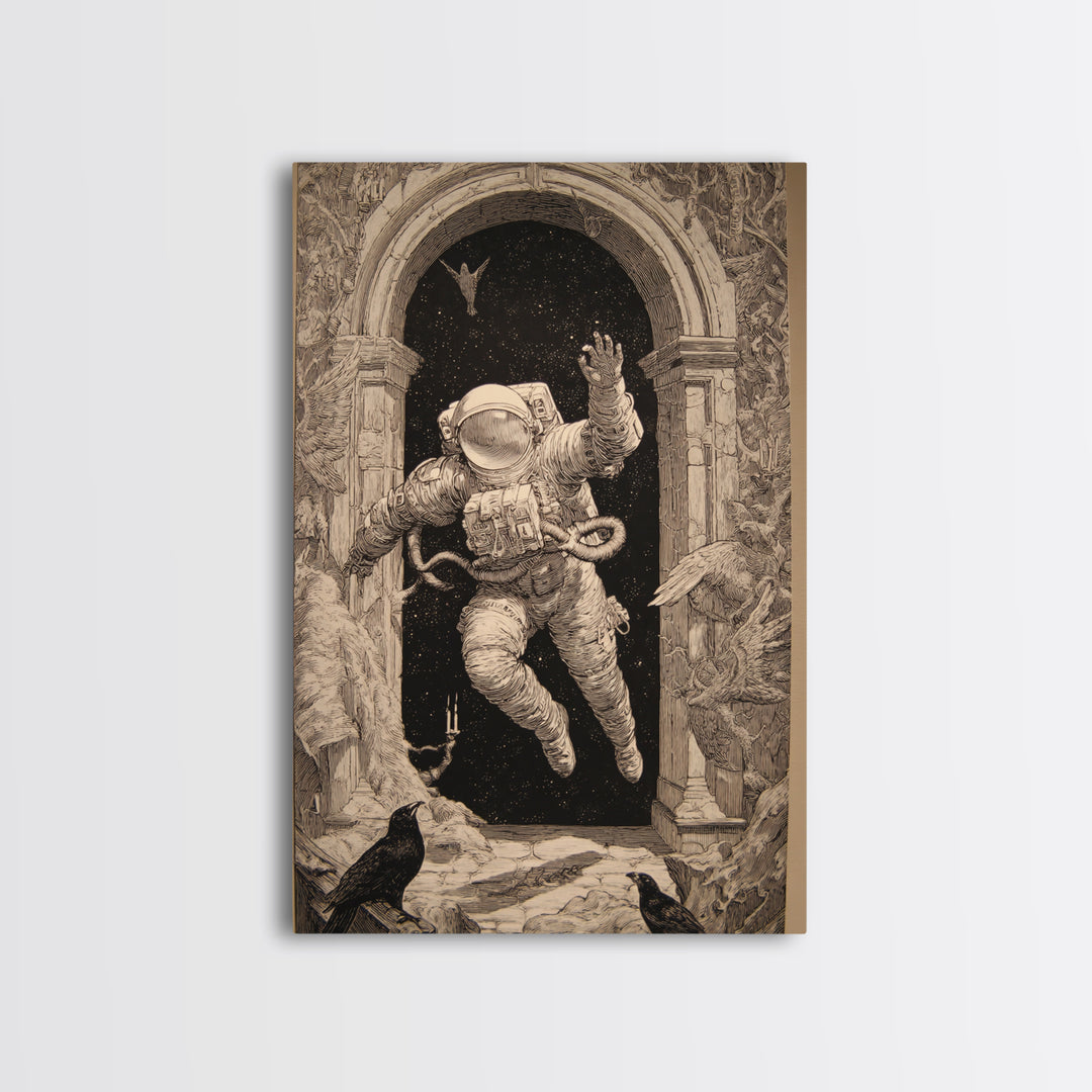 The Astronaut Ghost, Renaissance Engraving Art, Vertical Wall Art, Dark Fantasy Wall Art, Framed Canvas Print, Halloween Wall Art
