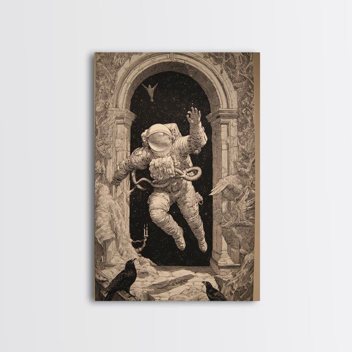 The Astronaut Ghost, Renaissance Engraving Art, Vertical Wall Art, Dark Fantasy Wall Art, Framed Canvas Print, Halloween Wall Art