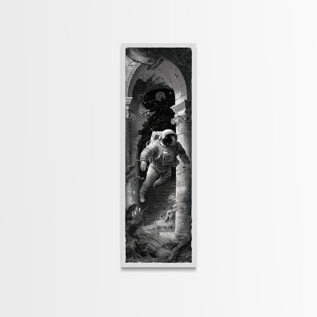 The Astronaut Ghost, Architectural Etching Art, Tall Narrow Wall Art, Dark Halloween Decor, Framed Canvas Print