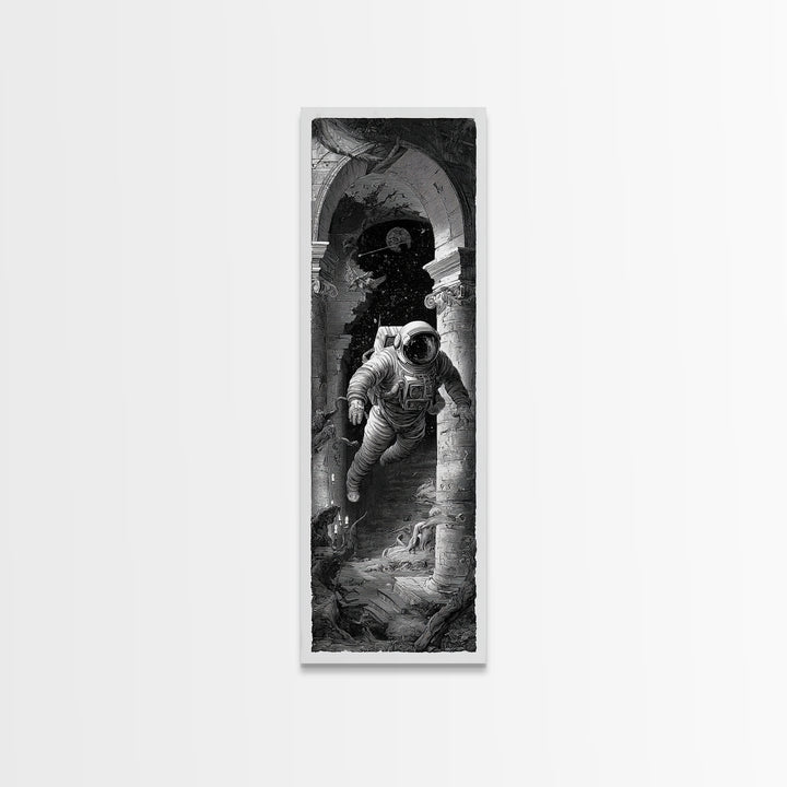 The Astronaut Ghost, Architectural Etching Art, Tall Narrow Wall Art, Dark Halloween Decor, Framed Canvas Print
