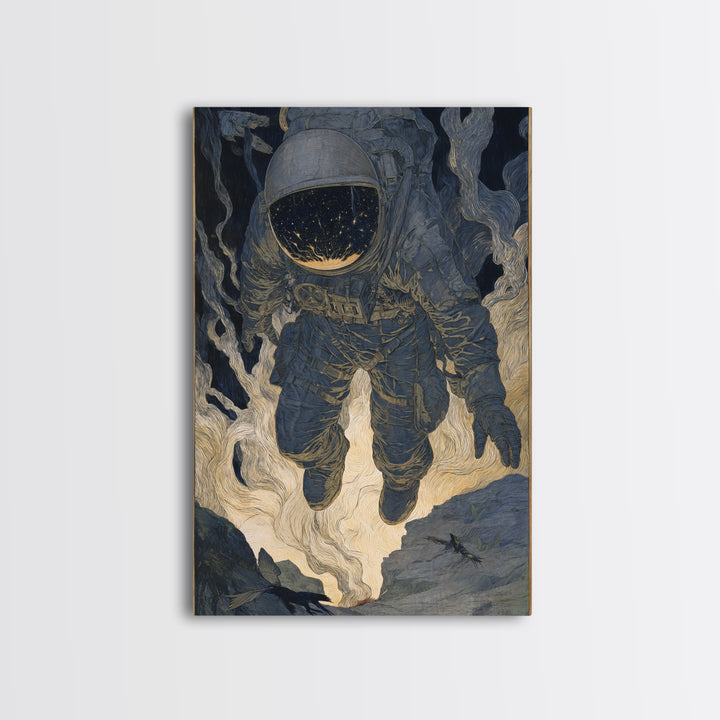 The Astronaut Ghost, Symbolist Etching Art, Vertical Wall Art, Macabre Wall Art, Framed Canvas Print, Halloween Wall Art