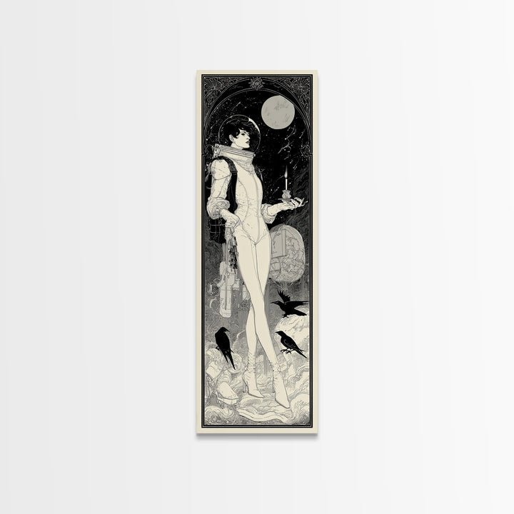 The Astronaut Ghost, Decadent Line Art, Tall Narrow Wall Art, Gothic Horror Wall Art, Canvas Print, Halloween Wall Art