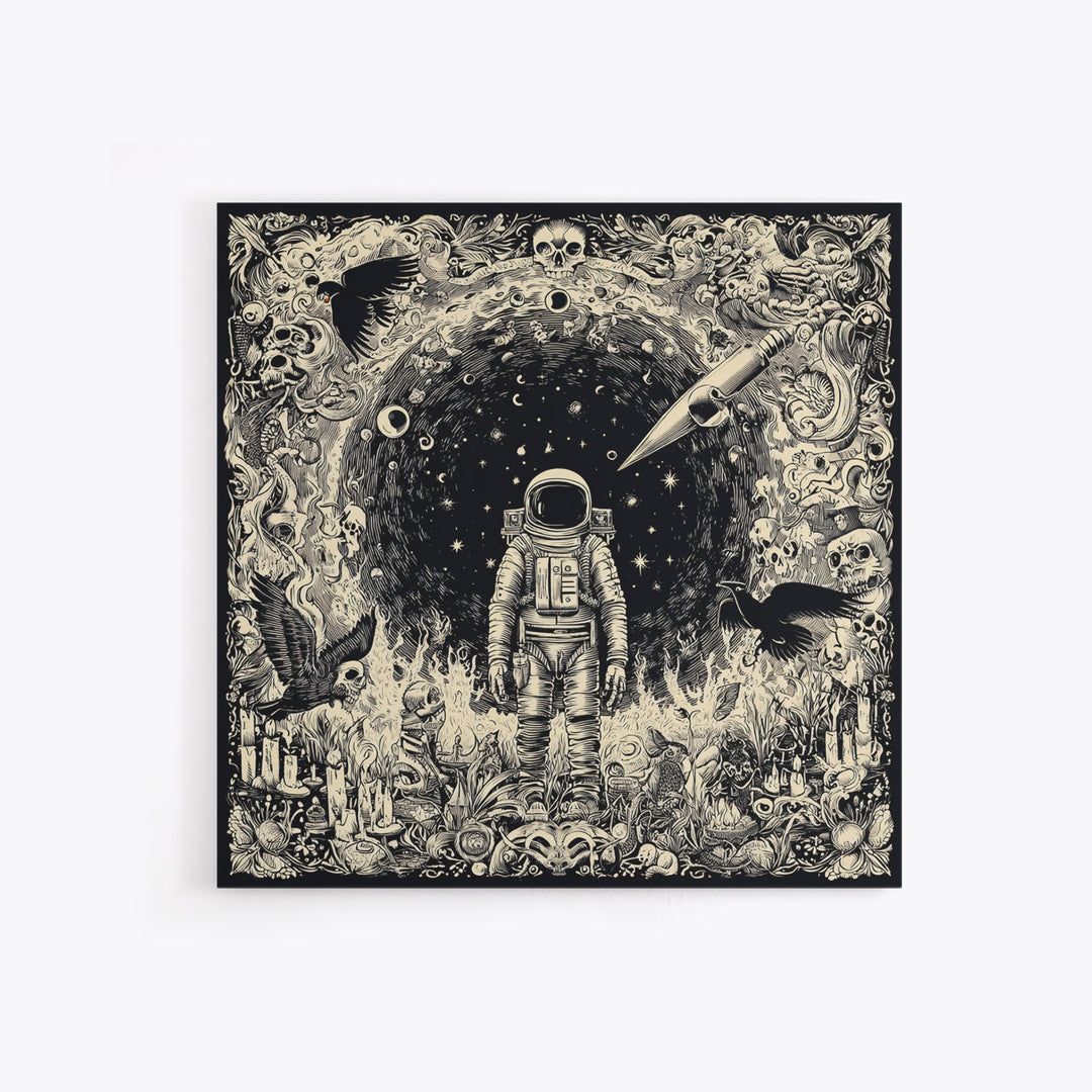 The Astronaut Ghost, Macabre Folk Print Art, Square Wall Art, Dark Halloween Decor, Canvas Print, Halloween Wall Art