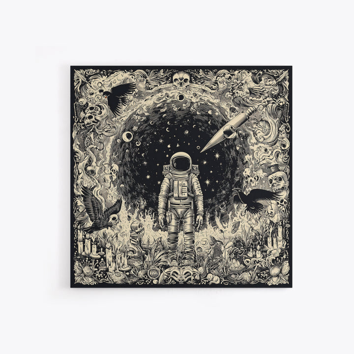 The Astronaut Ghost, Macabre Folk Print Art, Square Wall Art, Dark Halloween Decor, Canvas Print, Halloween Wall Art
