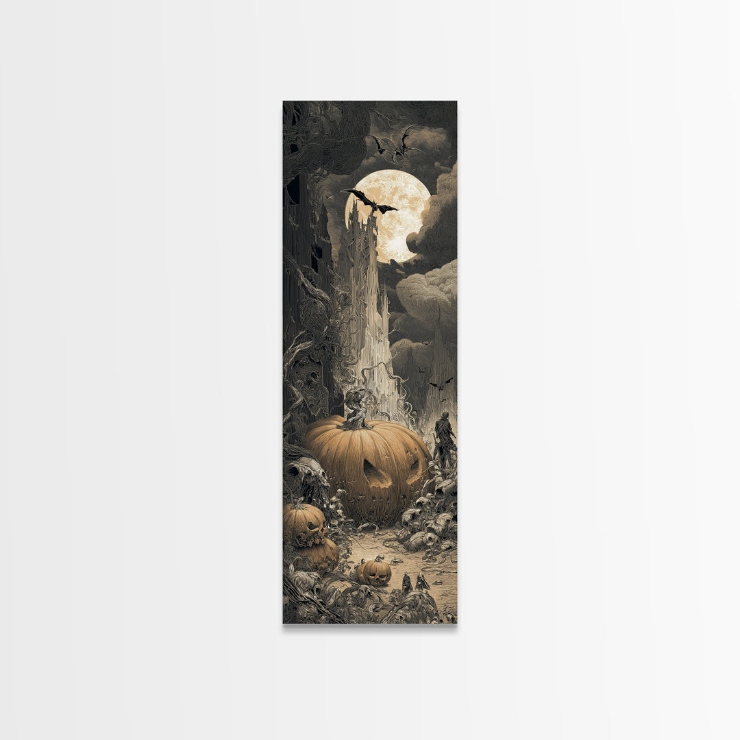The Alien Pumpkin Patch, Gothic Engraving Art, Tall Narrow Wall Art, Dark Fantasy Wall Art, Canvas Print, Halloween Wall Art