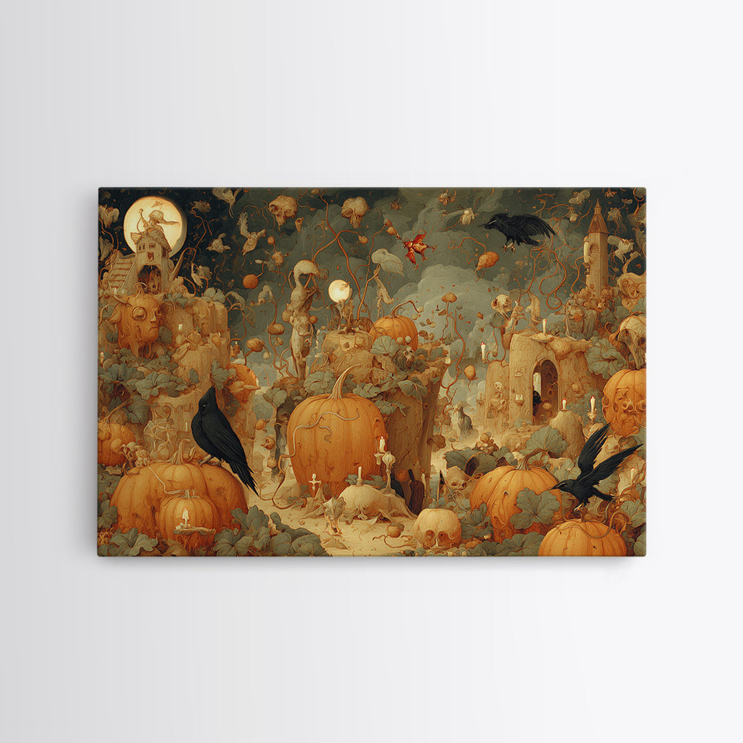 The Alien Pumpkin Patch, Medieval Grotesque Art, Landscape Wall Art, Macabre Wall Art, Canvas Print, Halloween Wall Art