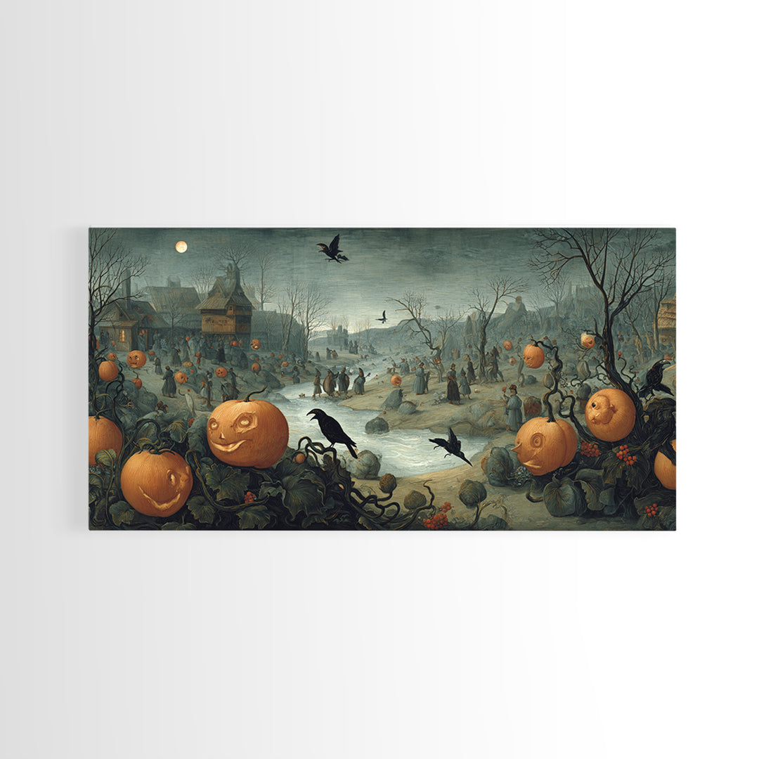The Alien Pumpkin Patch, Northern Renaissance Horror, Wide Panoramic Art, Dark Halloween Decor, Canvas Print, Halloween Wall Art