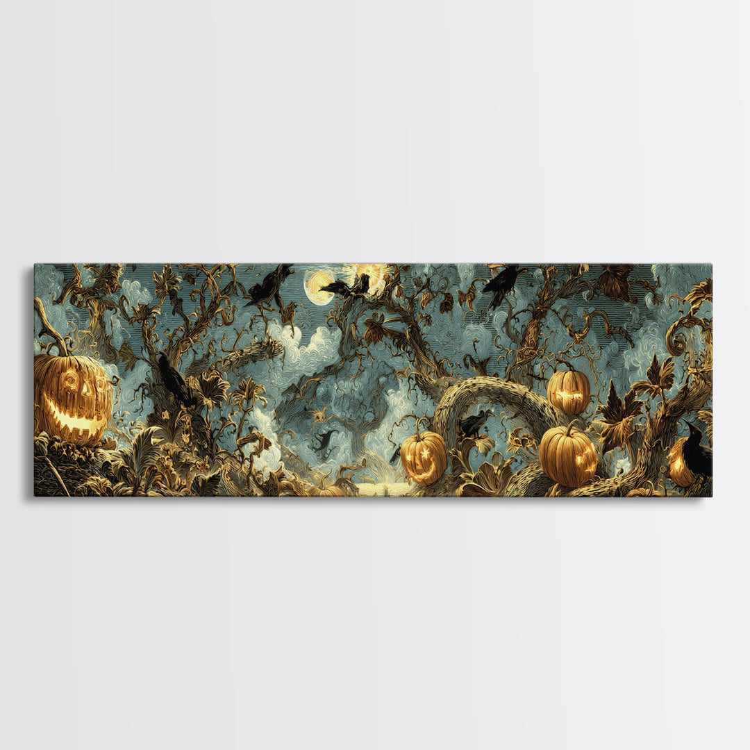 The Alien Pumpkin Patch, Visionary Gothic Art, Extra Wide Wall Art, Dark Halloween Decor, Framed Canvas Print, Halloween Wall Art