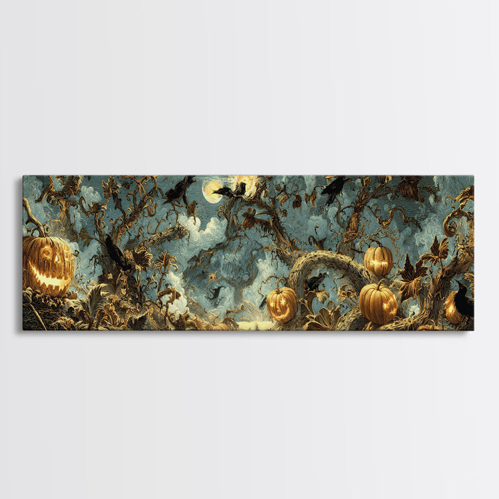 The Alien Pumpkin Patch, Visionary Gothic Art, Extra Wide Wall Art, Dark Halloween Decor, Framed Canvas Print, Halloween Wall Art