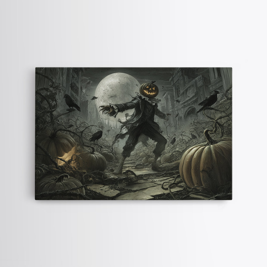 The Alien Pumpkin Patch, Architectural Etching Art, Landscape Wall Art, Macabre Wall Art, Canvas Print, Halloween Wall Art