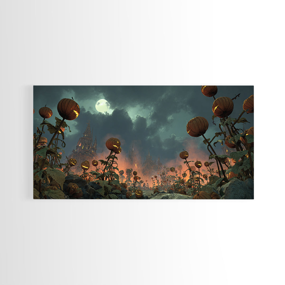 The Alien Pumpkin Patch, Apocalyptic Romantic Art, Wide Panoramic Art, Gothic Horror Wall Art, Canvas Print, Halloween Wall Art