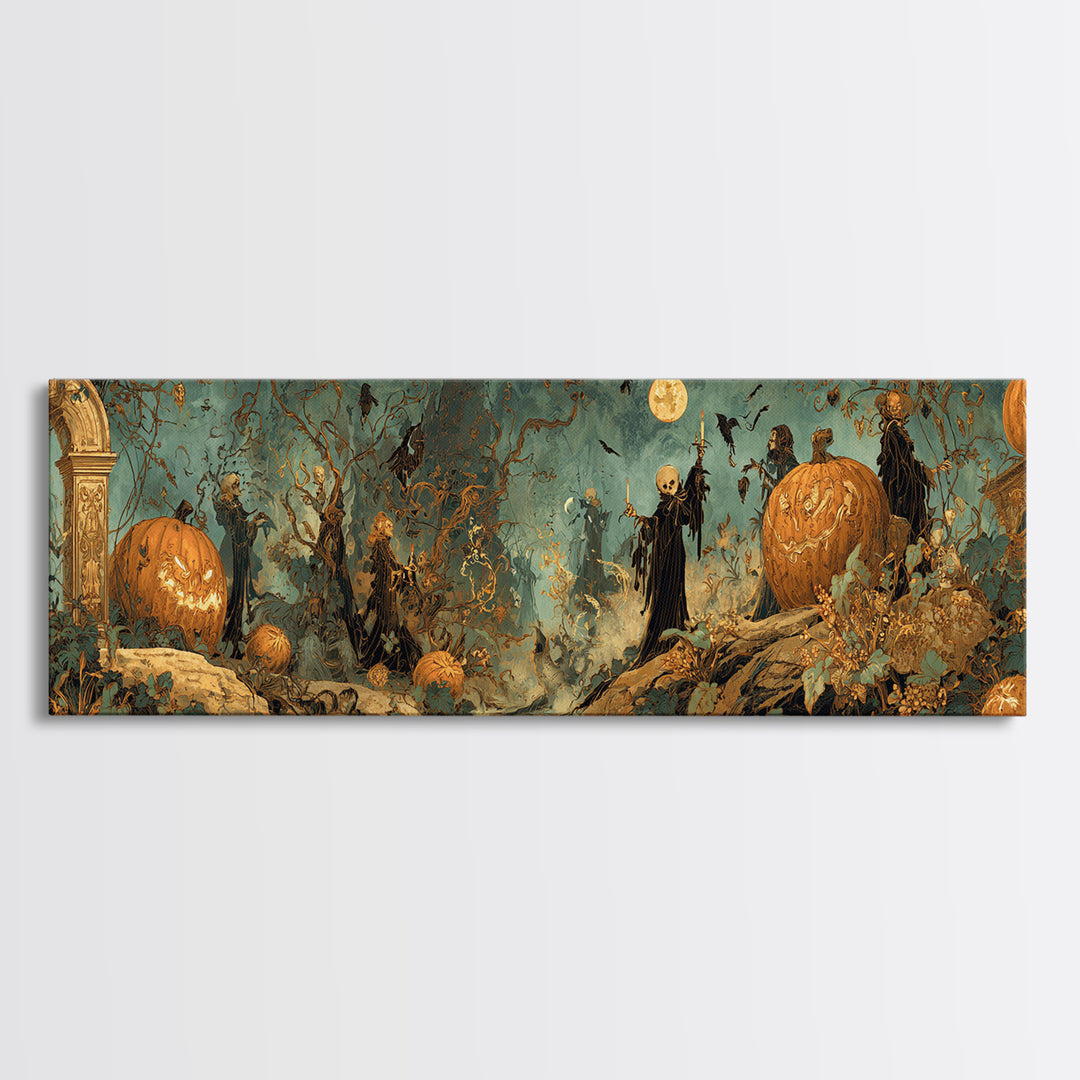 The Alien Pumpkin Patch, Ornate Symbolist Art, Extra Wide Wall Art, Dark Halloween Decor, Canvas Print, Halloween Wall Art