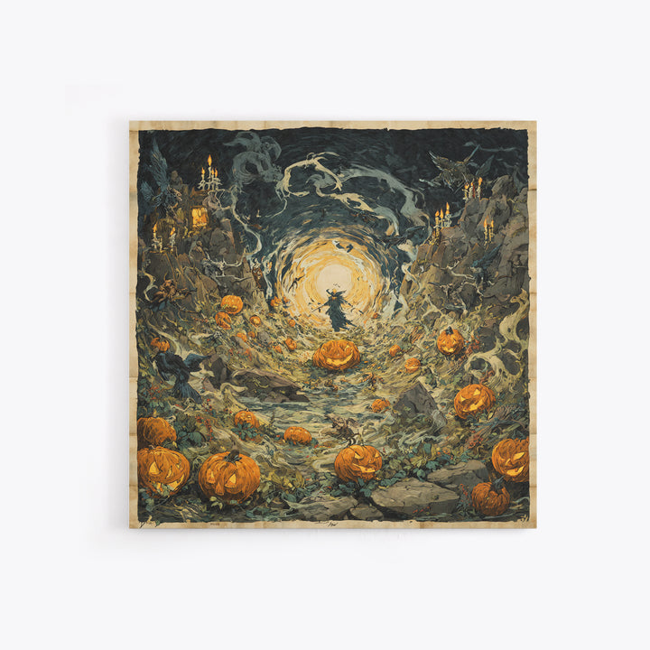 The Alien Pumpkin Patch, Symbolist Etching Art, Square Wall Art, Dark Fantasy Wall Art, Canvas Print, Halloween Wall Art