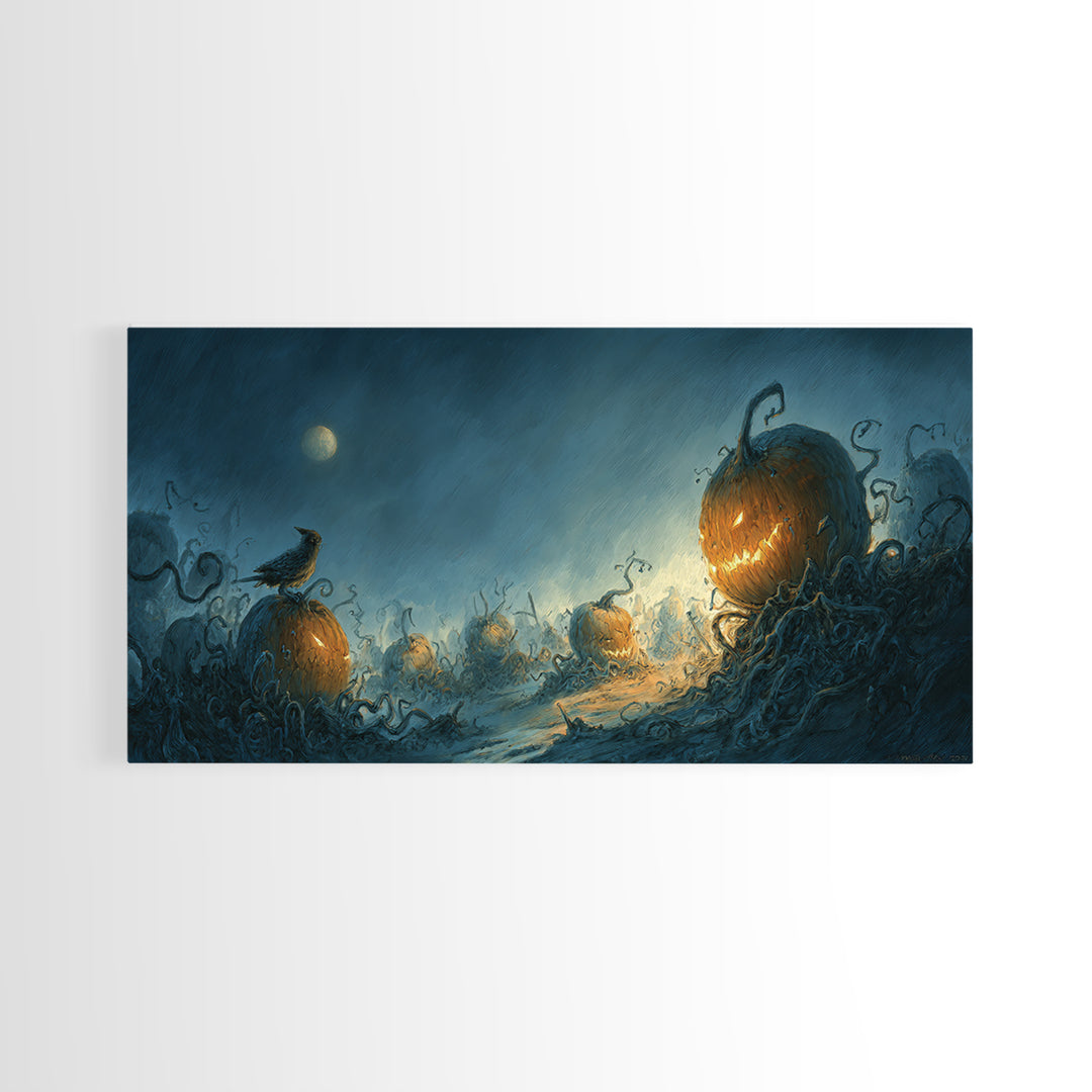 The Alien Pumpkin Patch, Expressionist Nightmare Art, Wide Panoramic Art, Macabre Wall Art, Framed Canvas Print, Halloween Wall Art