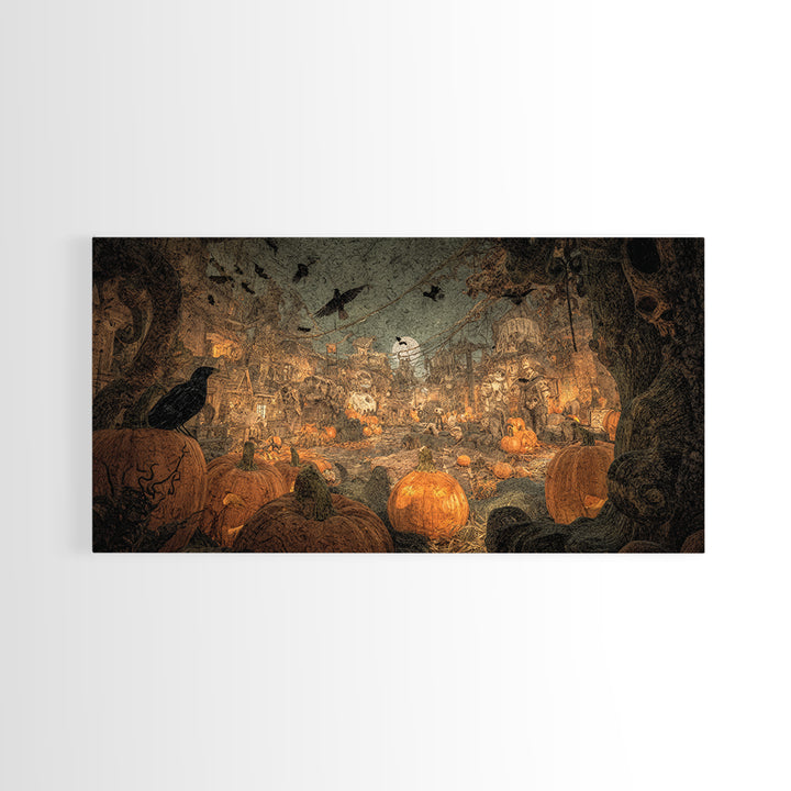The Alien Pumpkin Patch, Grotesque Carnival Art, Wide Panoramic Art, Gothic Horror Wall Art, Framed Canvas Print, Halloween Wall Art