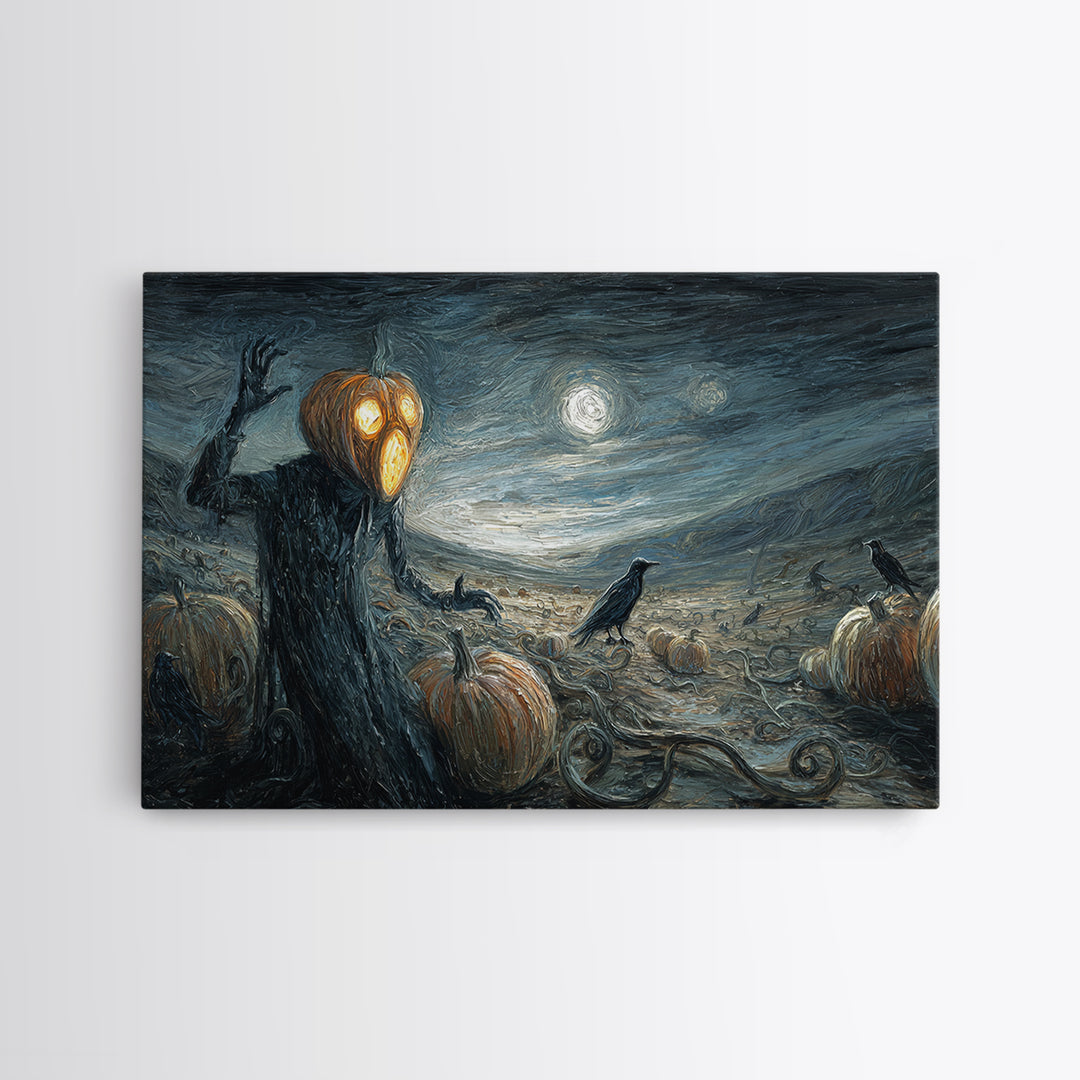 The Alien Pumpkin Patch, Expressionist Gothic Art, Landscape Wall Art, Dark Halloween Decor, Framed Canvas Print, Halloween Wall Art