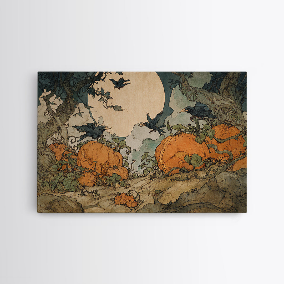 The Alien Pumpkin Patch, Gothic Storybook Art, Landscape Wall Art, Macabre Wall Art, Framed Canvas Print, Halloween Wall Art
