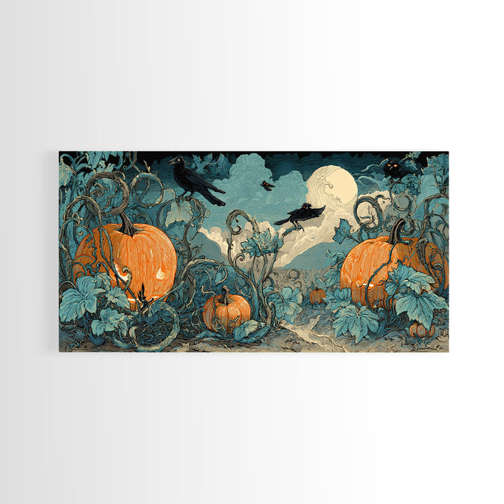 The Alien Pumpkin Patch, Macabre Folk Print Art, Wide Panoramic Art, Macabre Wall Art, Canvas Print, Halloween Wall Art