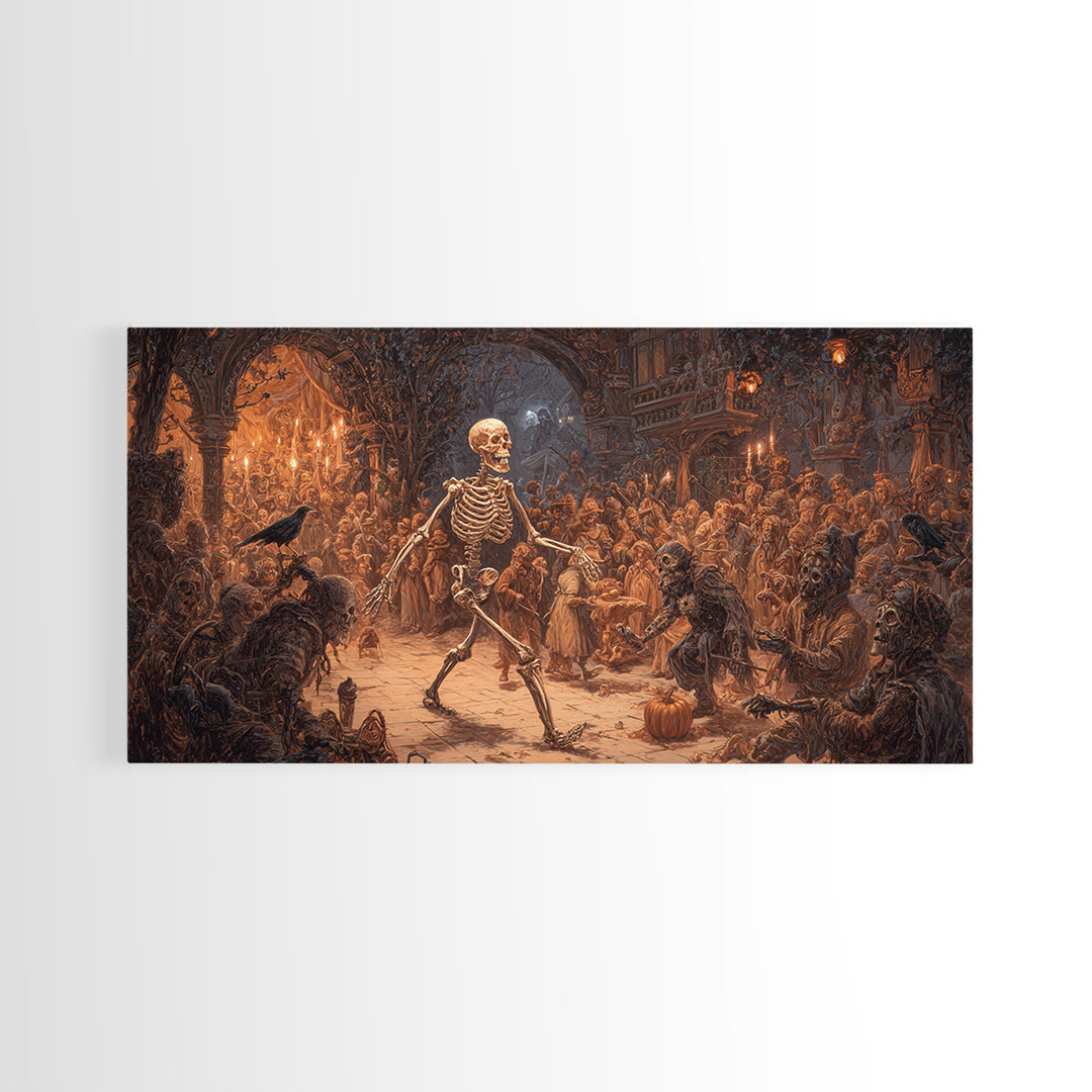 The Biomechanical Skeleton, Northern Renaissance Horror, Wide Panoramic Art, Macabre Wall Art, Canvas Print, Halloween Wall Art