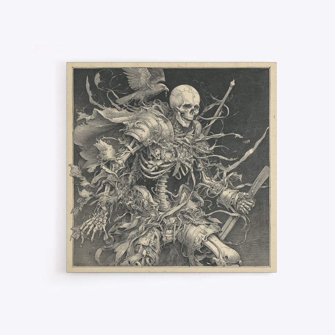 The Biomechanical Skeleton, Renaissance Engraving Art, Square Wall Art, Dark Fantasy Wall Art, Framed Canvas Print, Halloween Wall Art