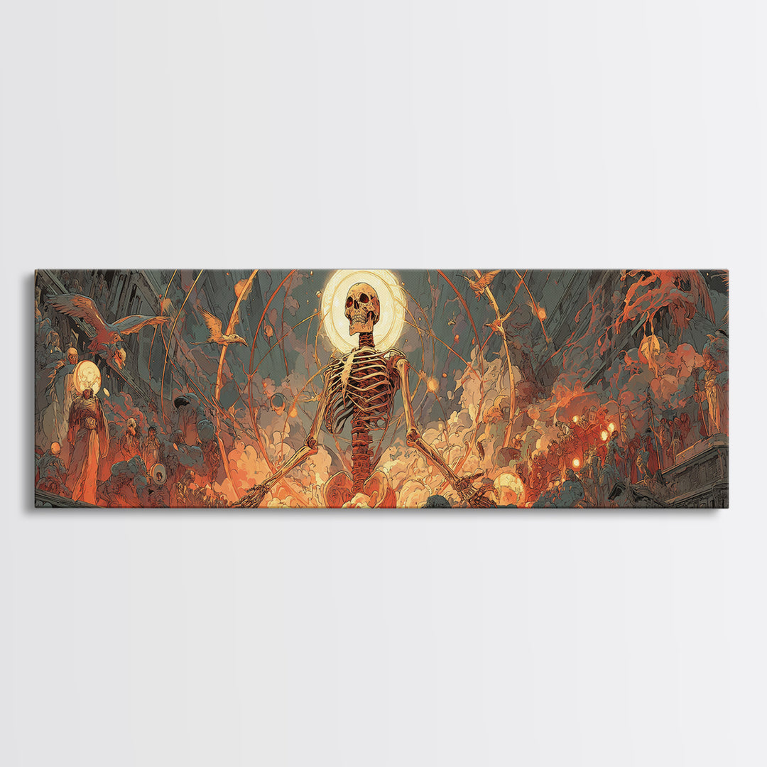 The Biomechanical Skeleton, Apocalyptic Romantic Art, Extra Wide Wall Art, Dark Halloween Decor, Canvas Print, Halloween Wall Art