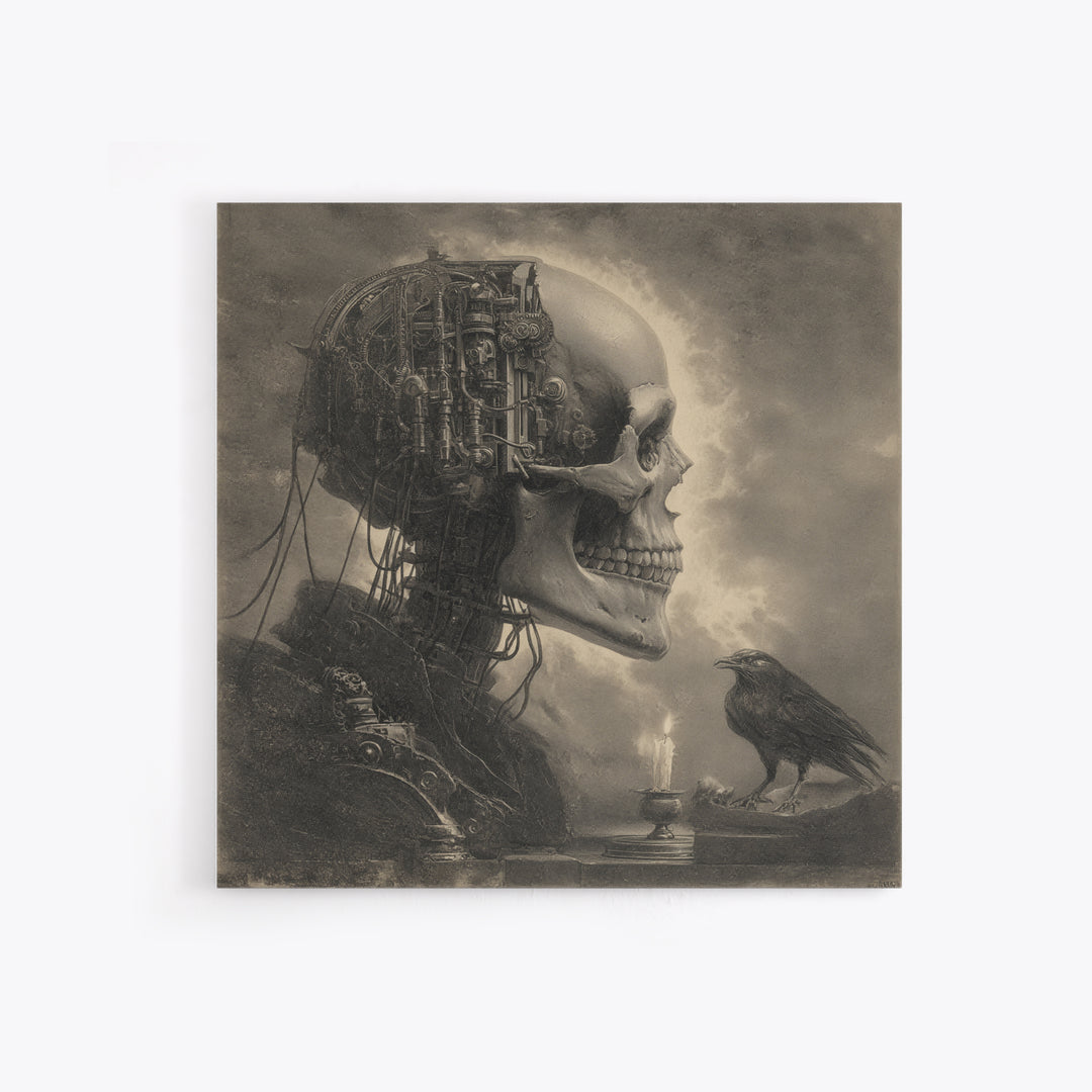 The Biomechanical Skeleton, Symbolist Etching Art, Square Wall Art, Dark Fantasy Wall Art, Canvas Print, Halloween Wall Art