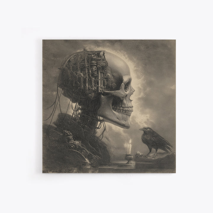 The Biomechanical Skeleton, Symbolist Etching Art, Square Wall Art, Dark Fantasy Wall Art, Canvas Print, Halloween Wall Art