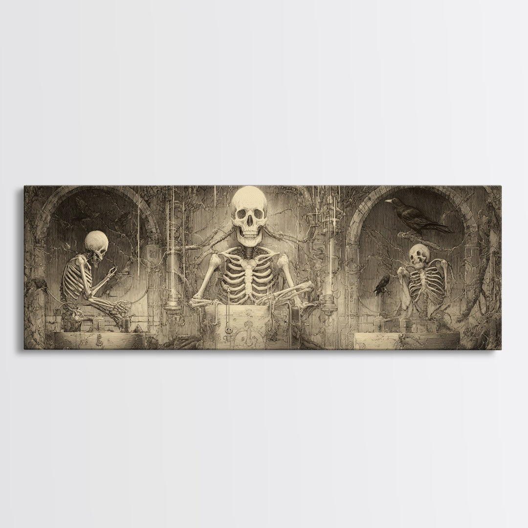 The Biomechanical Skeleton, Expressionist Nightmare Art, Extra Wide Wall Art, Dark Fantasy Wall Art, Framed Canvas Print, Halloween Wall Art