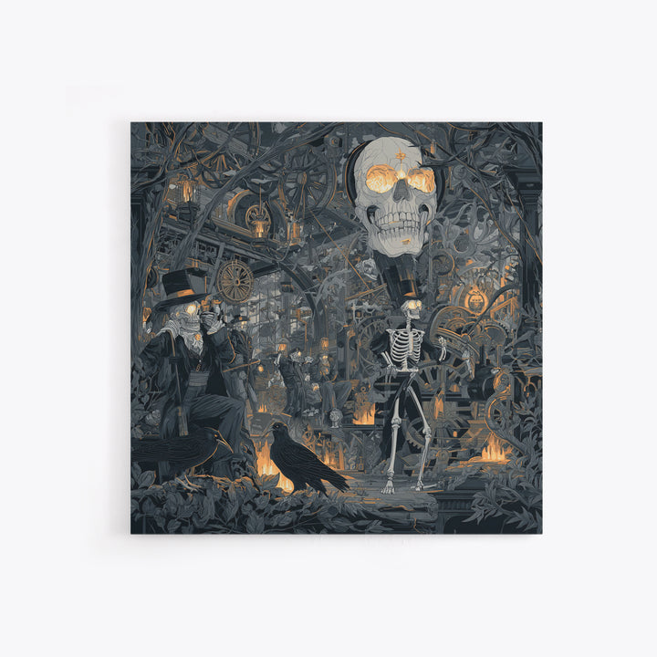 The Biomechanical Skeleton, Macabre Folk Print Art, Square Wall Art, Dark Fantasy Wall Art, Canvas Print, Halloween Wall Art
