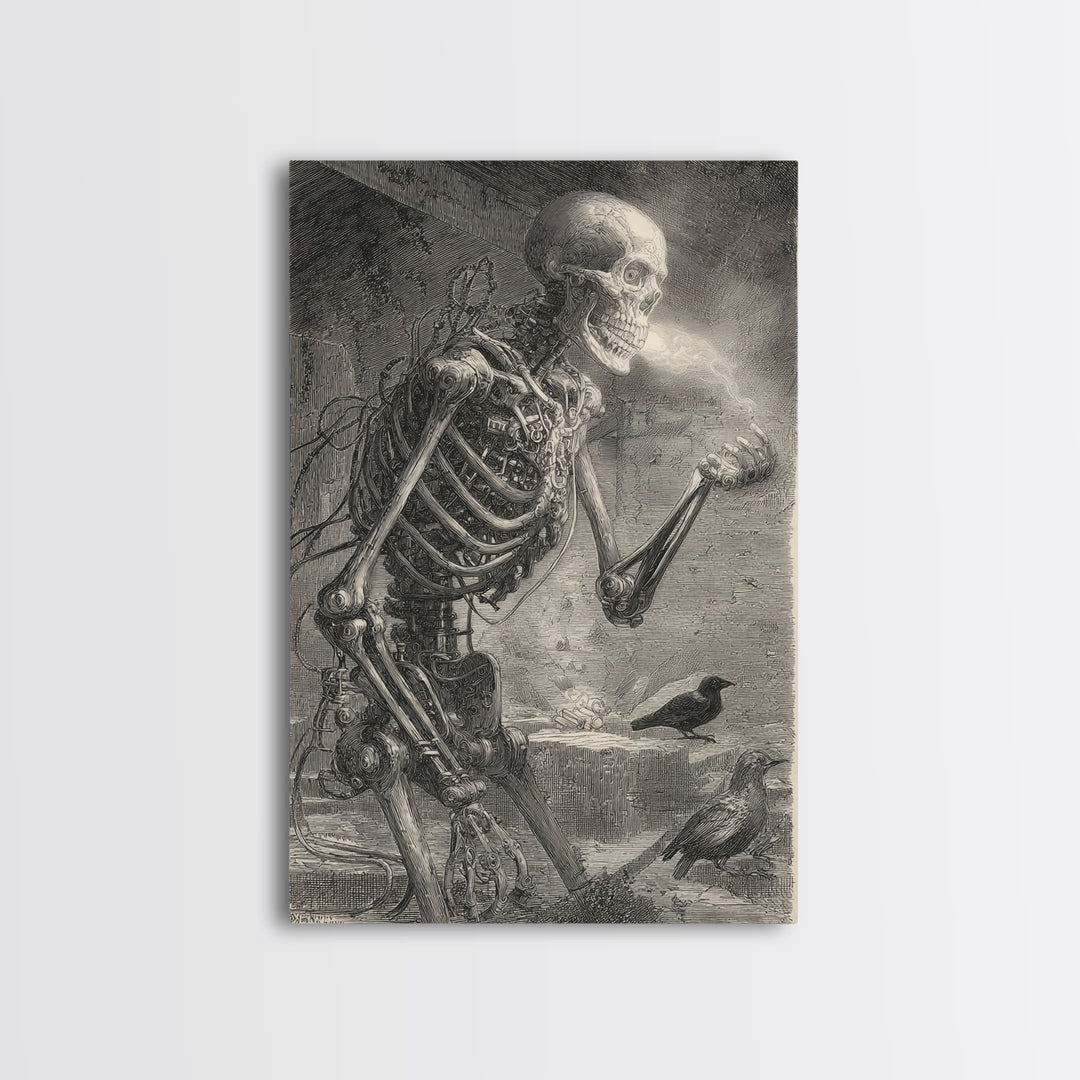 The Biomechanical Skeleton, Victorian Macabre Art, Vertical Wall Art, Dark Fantasy Wall Art, Framed Canvas Print, Halloween Wall Art