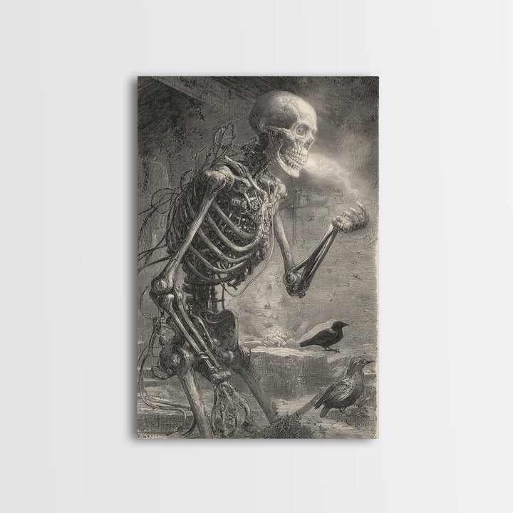 The Biomechanical Skeleton, Victorian Macabre Art, Vertical Wall Art, Dark Fantasy Wall Art, Framed Canvas Print, Halloween Wall Art