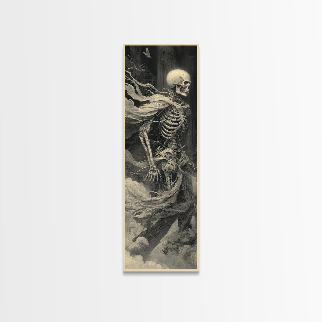 The Biomechanical Skeleton, Surreal Apocalyptic Art, Tall Narrow Wall Art, Gothic Horror Wall Art, Framed Canvas Print